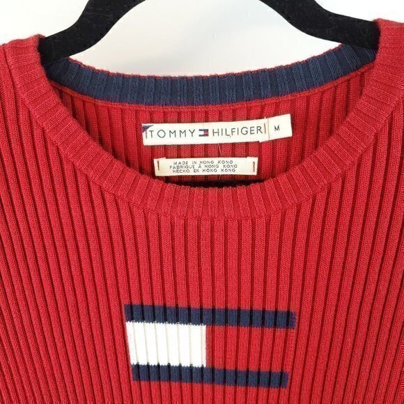 Vintage Y2K Tommy Hilfiger Logo Red Ribbed Long Sleeve 100% Cotton Sweat… - Picture 9 of 16